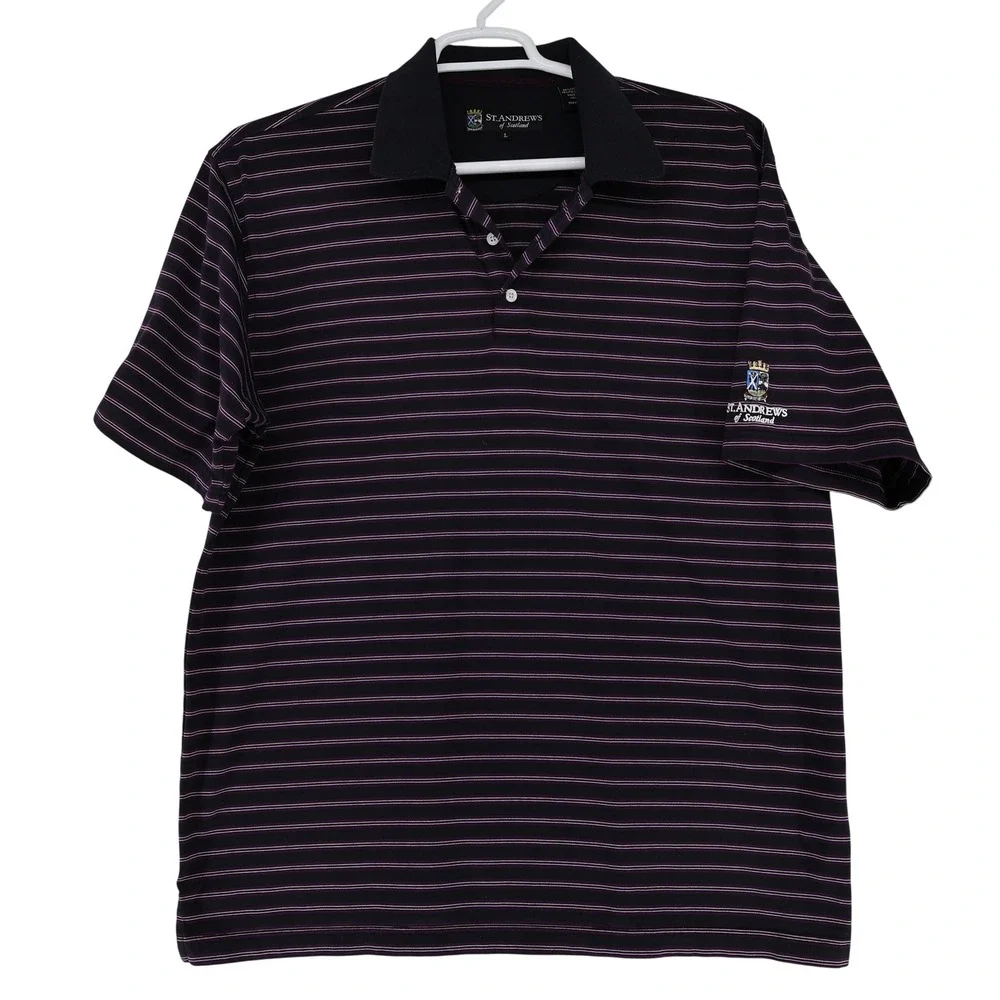 St Andrews of Scotland Mens Large Polo Shirt Purple Black Striped Short‎ Sleeve